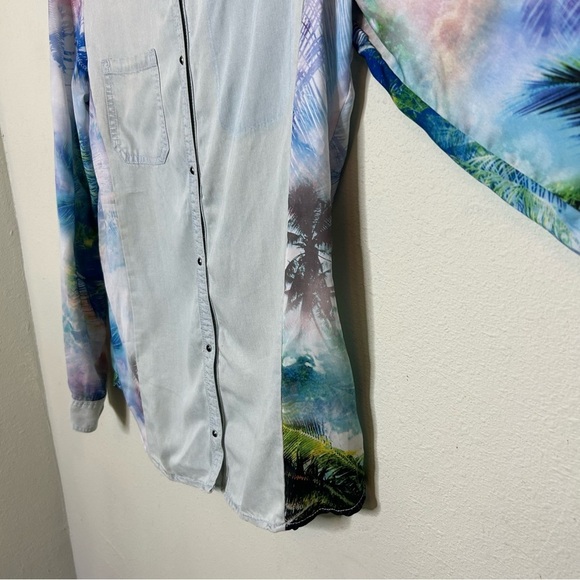 Zara Chambray Casual Button Down Shirt with Contrast Sleeves Size Medium - Picture 3 of 6